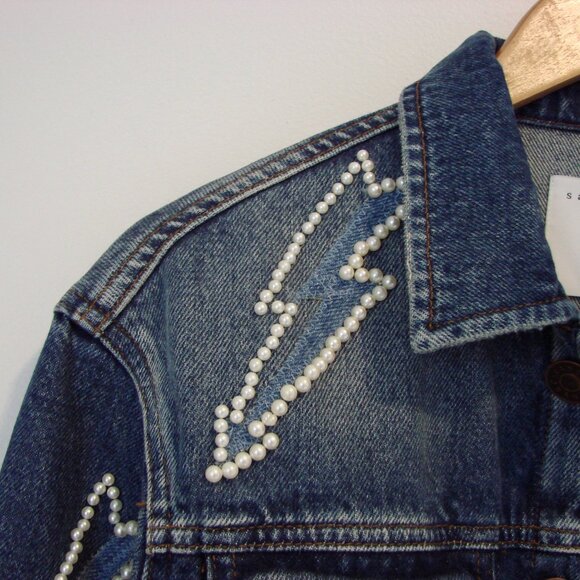 Sandro Denim Jean Jacket Pearl Embellished Lightning Bolt Size 42 FR or 10 - Picture 8 of 16